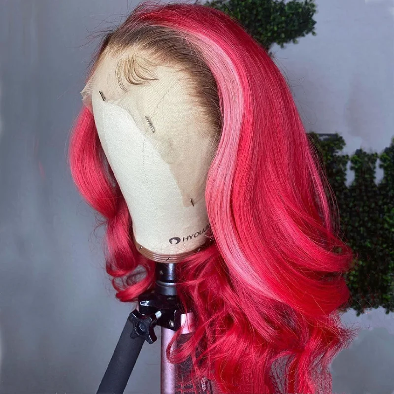 Peruvian Hair Fuchsia and Light Pink with Black Root Body Wavy Lace Front Wig