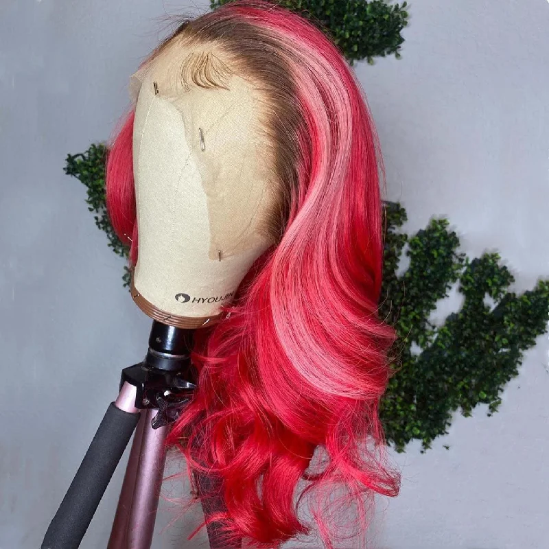 Peruvian Hair Fuchsia and Light Pink with Black Root Body Wavy Lace Front Wig