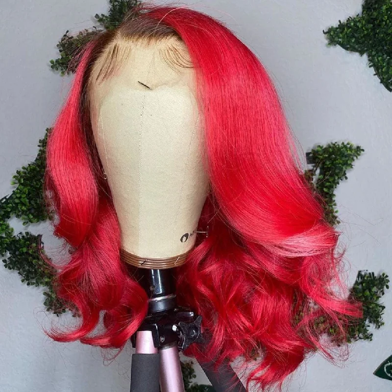 Peruvian Hair Fuchsia and Light Pink with Black Root Body Wavy Lace Front Wig