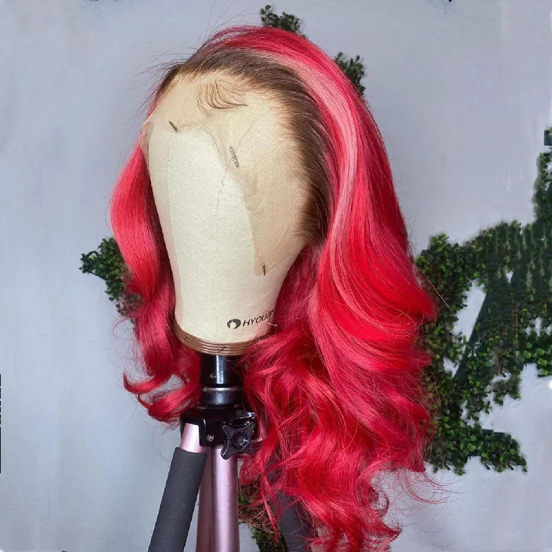 Peruvian Hair Fuchsia and Light Pink with Black Root Body Wavy Lace Front Wig