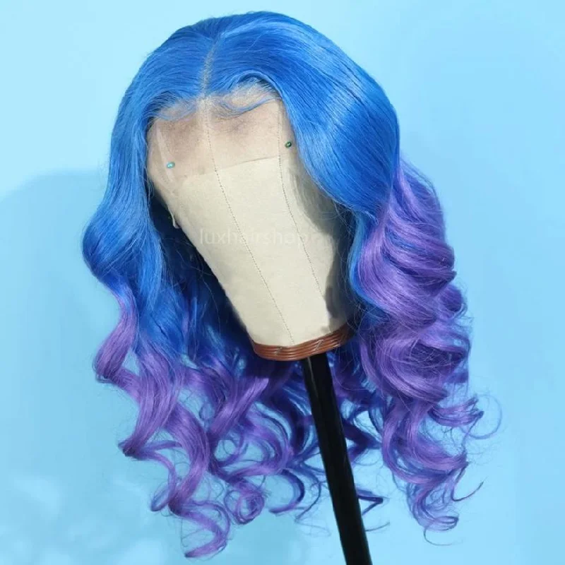 Peruvian Hair Gradient Color Blue Purple Body Wavy Lace Front Wig