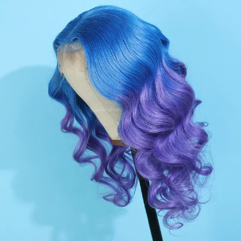 Peruvian Hair Gradient Color Blue Purple Body Wavy Lace Front Wig