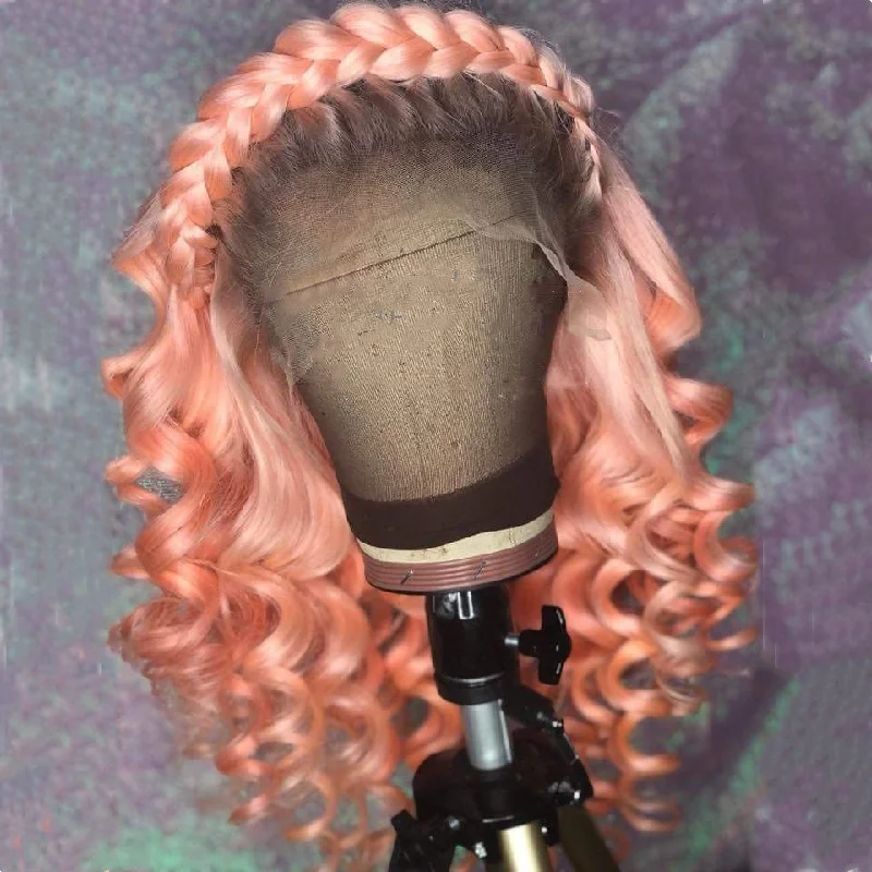 Peruvian Hair Light Pink Color with Black Root Loose Wavy Lace Front Wig