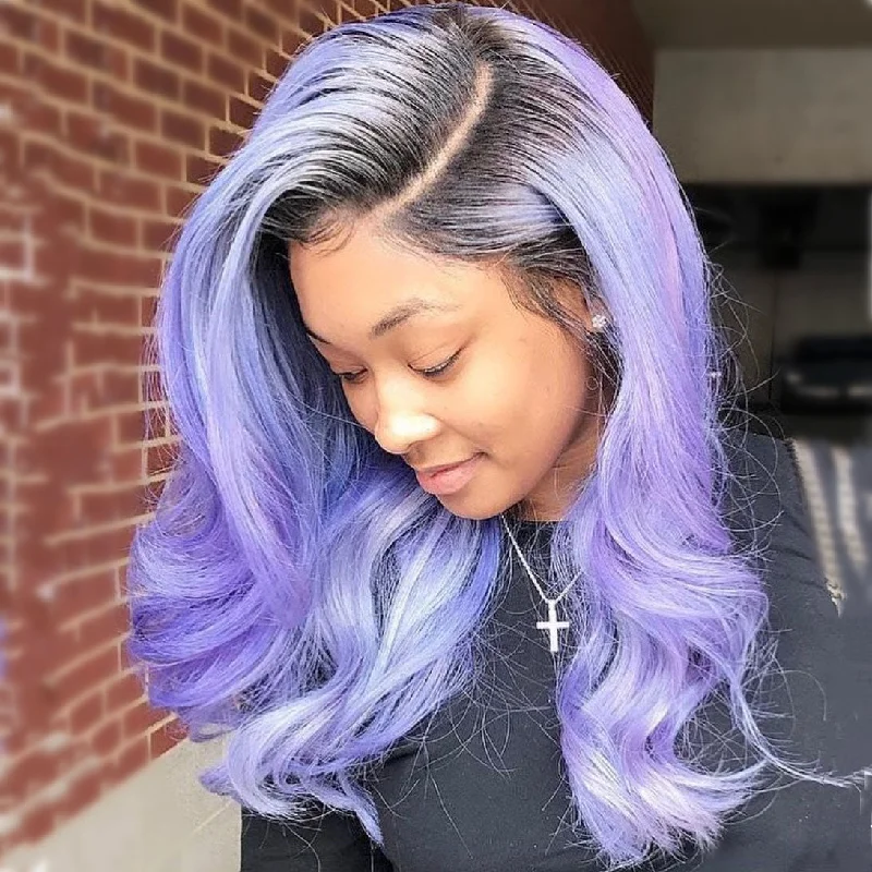 Peruvian Hair Light Purple Violet with Black Root Wavy Lace Front Wig