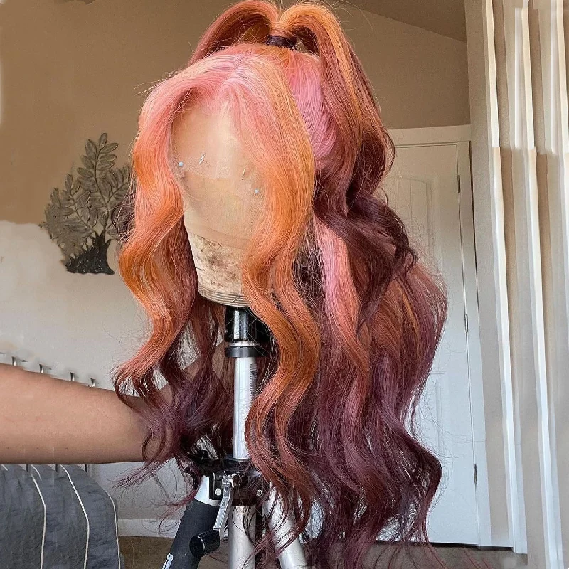 Peruvian Hair Pink with Brown Ombre Color Body Wavy Lace Front Wig