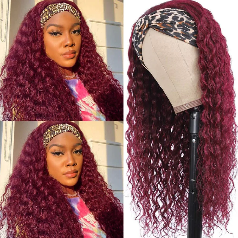 Peruvian Human Hair Burgundy Color Curly Wavy Headband Wig