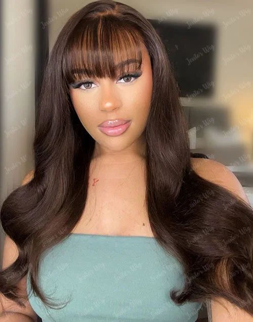 Pre Everything 13X5 7X5 Brown Color Glueless Body Wave Lace Wig Side Part With Bangs