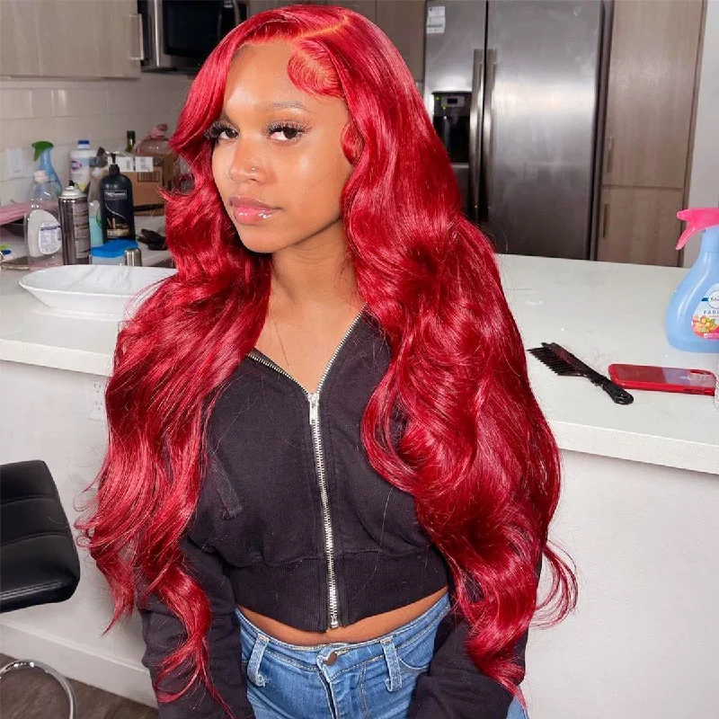 Red Color Glueless Wig Straight Body Wave 5x5 13x4 HD Lace Front Wigs