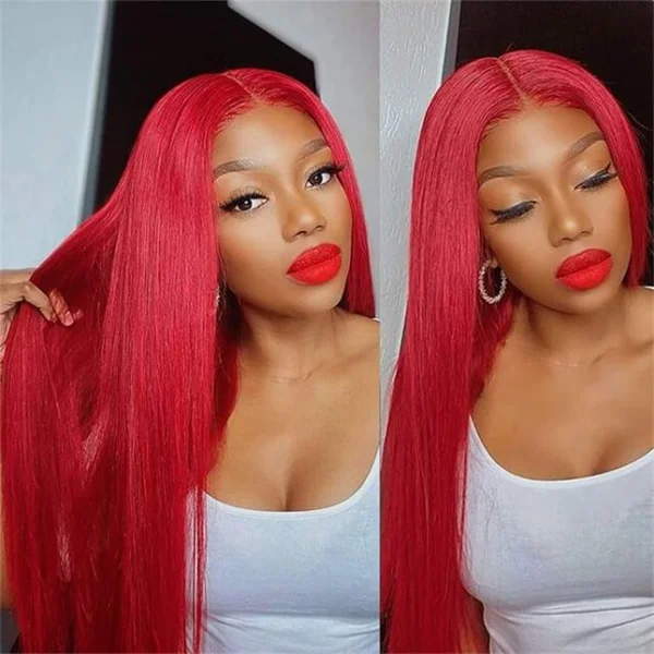 Red Color Glueless Wig Straight Body Wave 5x5 13x4 HD Lace Front Wigs