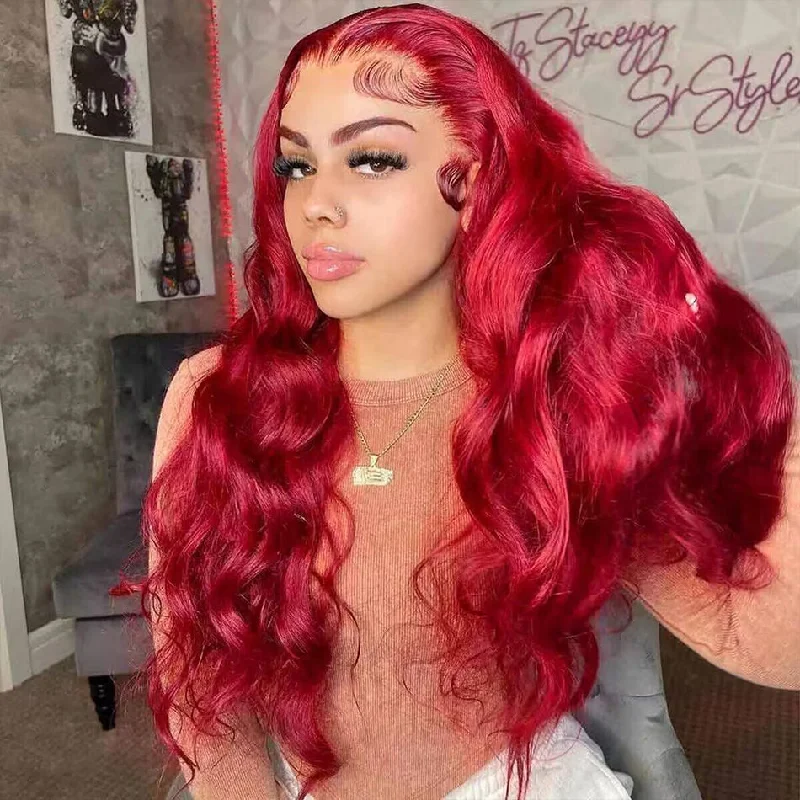 Red Color Glueless Wig Straight Body Wave 5x5 13x4 HD Lace Front Wigs