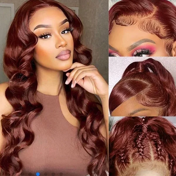 Reddish Brown #33 Colored Body Wave Human Hair Lace Frontal Wig 13x4 13x6 HD Transparent Lace Front Wig Pre Plucked Lace Wig For Women