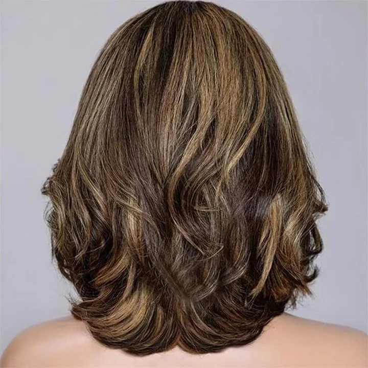 Short Bob Wavy Multi-color Layer Cut Style Wig 13x4 Lace Front Wig Highlight Balayage Human Hair