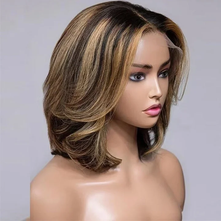 Short Bob Wavy Multi-color Layer Cut Style Wig 13x4 Lace Front Wig Highlight Balayage Human Hair