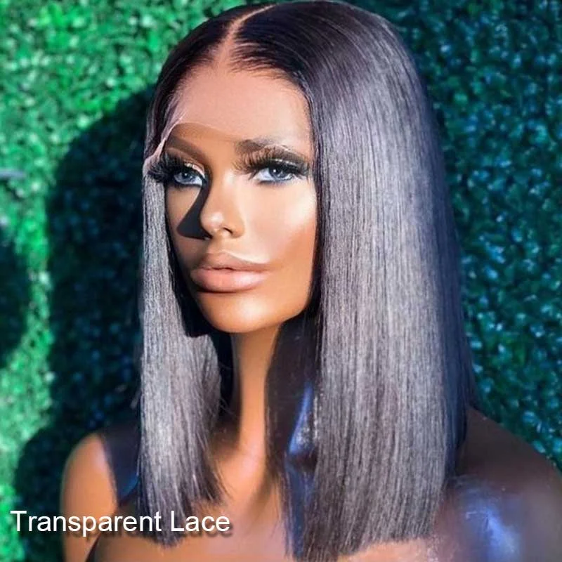 Glueless Blunt Cut Bob Transparent Lace Wig 10A Double Drawn Human Hair