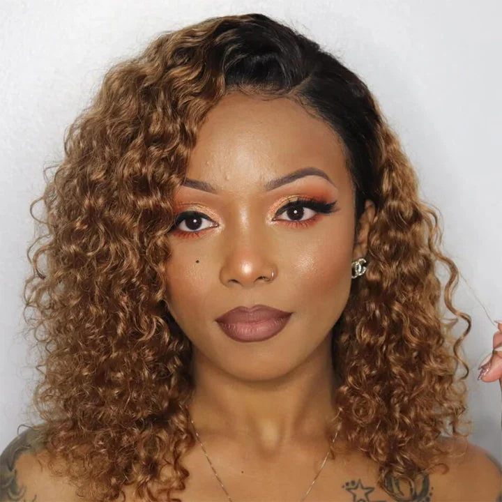 Ombre Honey Blonde Curly Bob 13X4 Lace Front Wigs Water Wave Lace Wigs