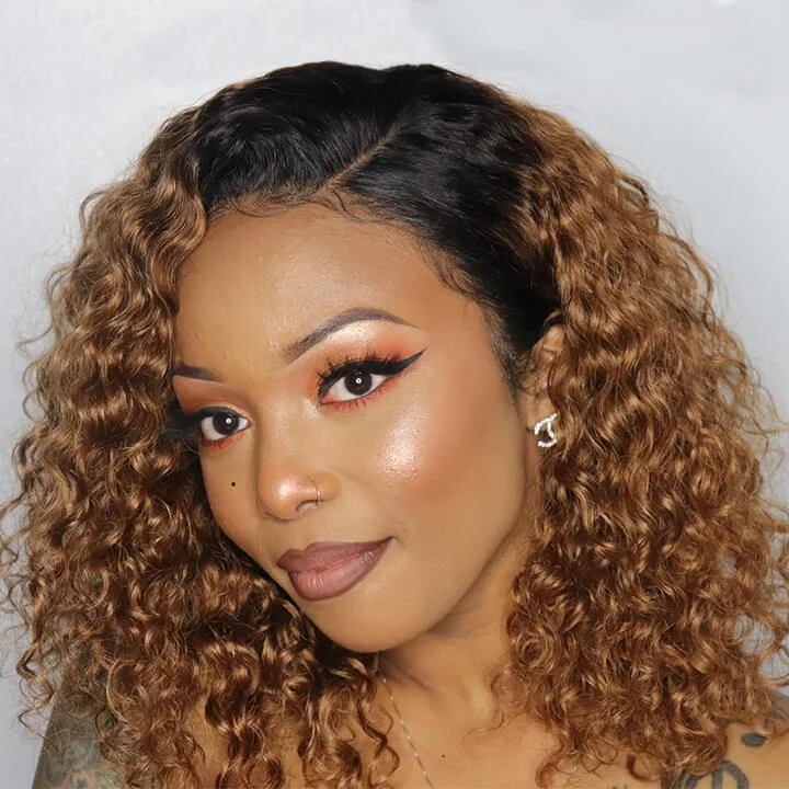 Ombre Honey Blonde Curly Bob 13X4 Lace Front Wigs Water Wave Lace Wigs