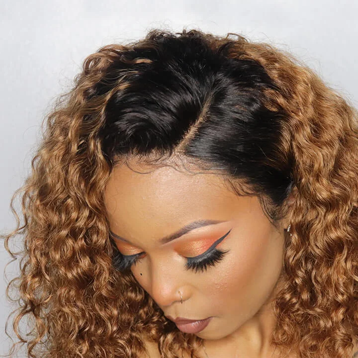 Ombre Honey Blonde Curly Bob 13X4 Lace Front Wigs Water Wave Lace Wigs