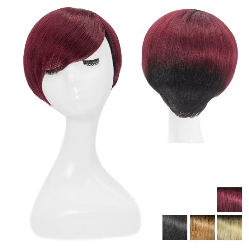 Short Pixie Cut Human Hair Wigs With Layered Side Bangs Glueless All Shades