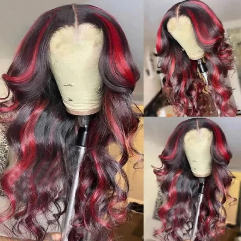 Sterly Natural Black Roots 99J Burgundy Highlight Body Wave Human Hair 13×4 Lace Frontal Colored Highlight Wig