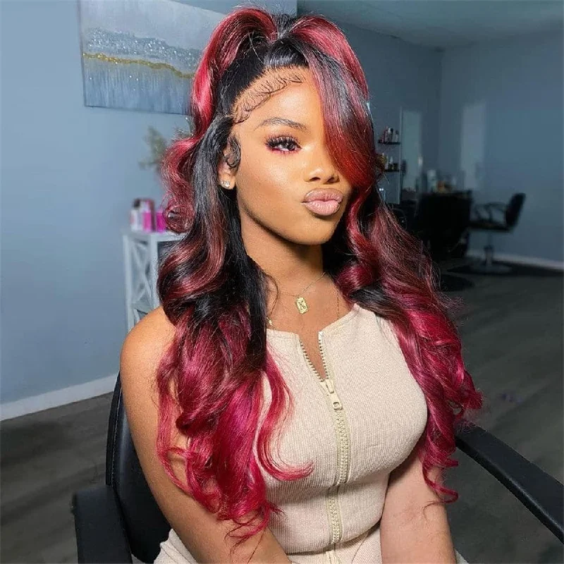 Sterly Natural Black Roots 99J Burgundy Highlight Body Wave Human Hair 13×4 Lace Frontal Colored Highlight Wig