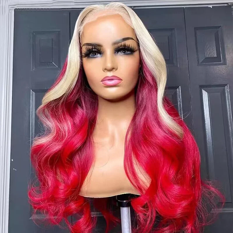 Sterly Human Hair Wig Red Blonde Highlight Body Wave Lace Front Wig