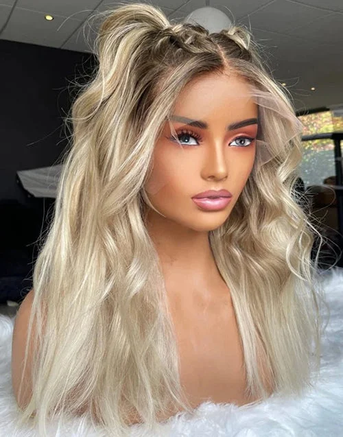 Light Ash Blonde Wavy 13x6 Frontal Glueless Wig Need to Do Cute Braids/Ponytail by Yourself Human Hair