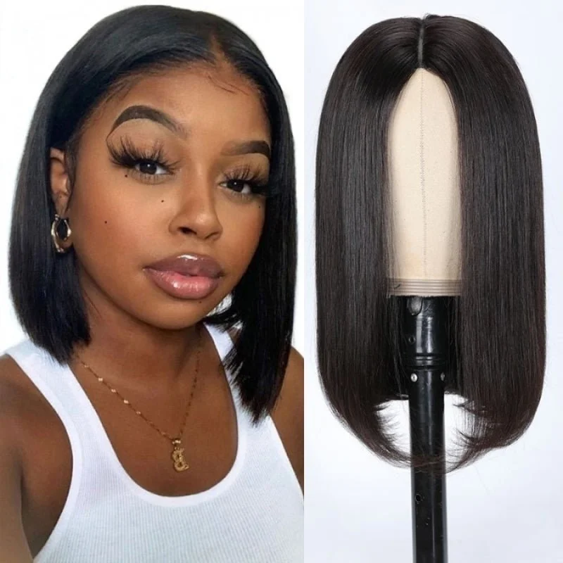 Thin V Part Wig Straight Bob Human Hair Wigs Without Leave Out