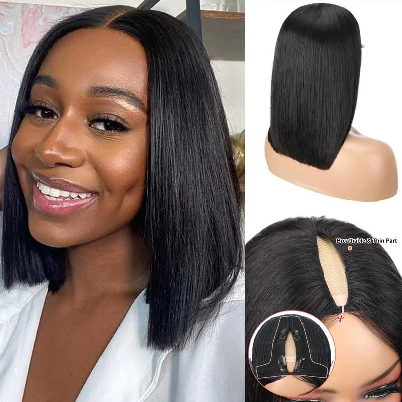 Thin V Part Wig Straight Bob Human Hair Wigs Without Leave Out