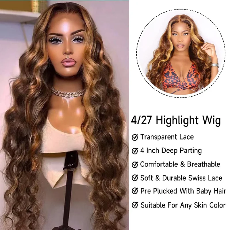 Vanlov Virgin Human Hair Body Wave balayage highlight Lace Front Wig P4/27 Ombre Hair Wigs Human Hair