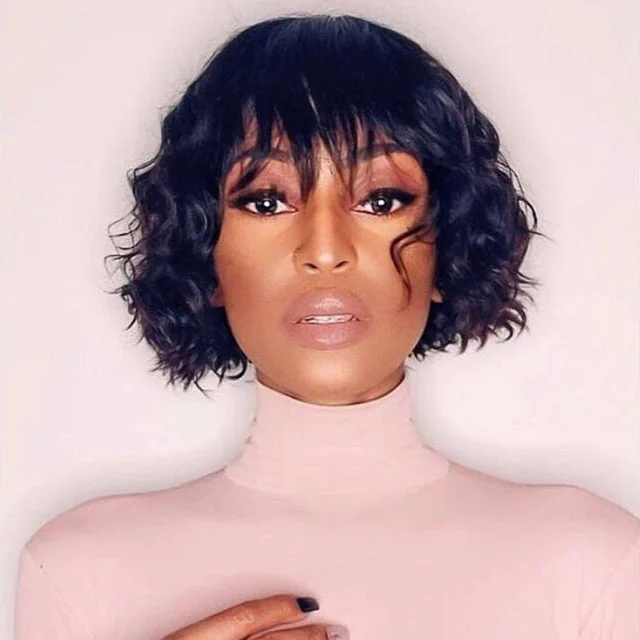 Virgin Hair Blunt Waves Mini Lace Bob Wig With Bang