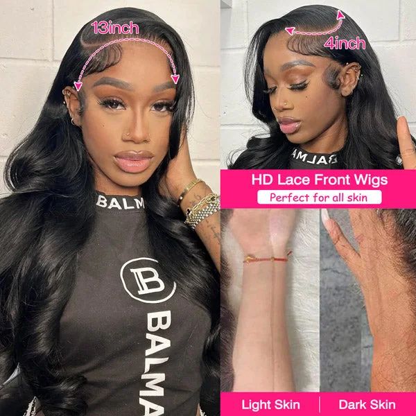 Unprocessed Soft and Healthy Hair Body Wave Lace Front Wig Skin Melt HD Lace Wigs Brazilian Human Virgin Hair Natural Black -OQHAIR