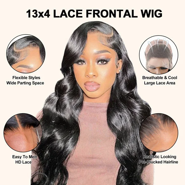 Unprocessed Soft and Healthy Hair Body Wave Lace Front Wig Skin Melt HD Lace Wigs Brazilian Human Virgin Hair Natural Black -OQHAIR