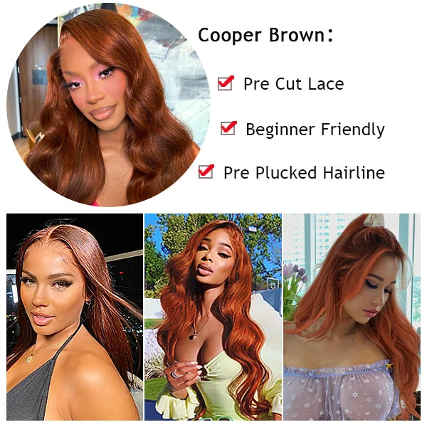 Throw Go On Glueless Copper Brown 35# Body Wave 4x4 5x5 Lace Wigs Beginner Friendly