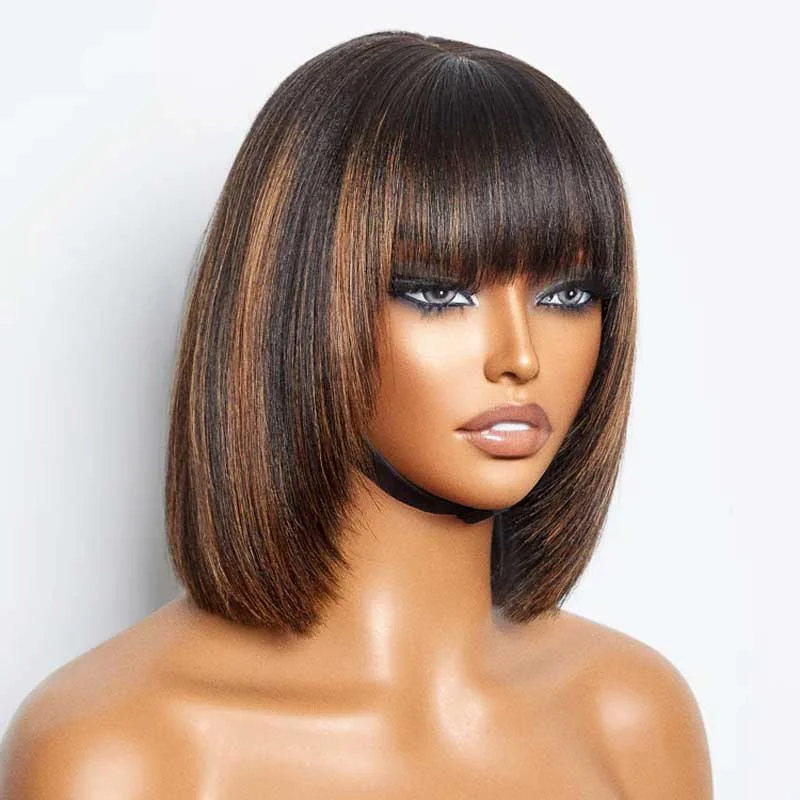 Wear&Go| Alibonnie 1B/30 Blonde Highlight Layered Cut 5x5 Bob Wig With Bangs Ombre Color Short Straight Glueless Bob Wigs