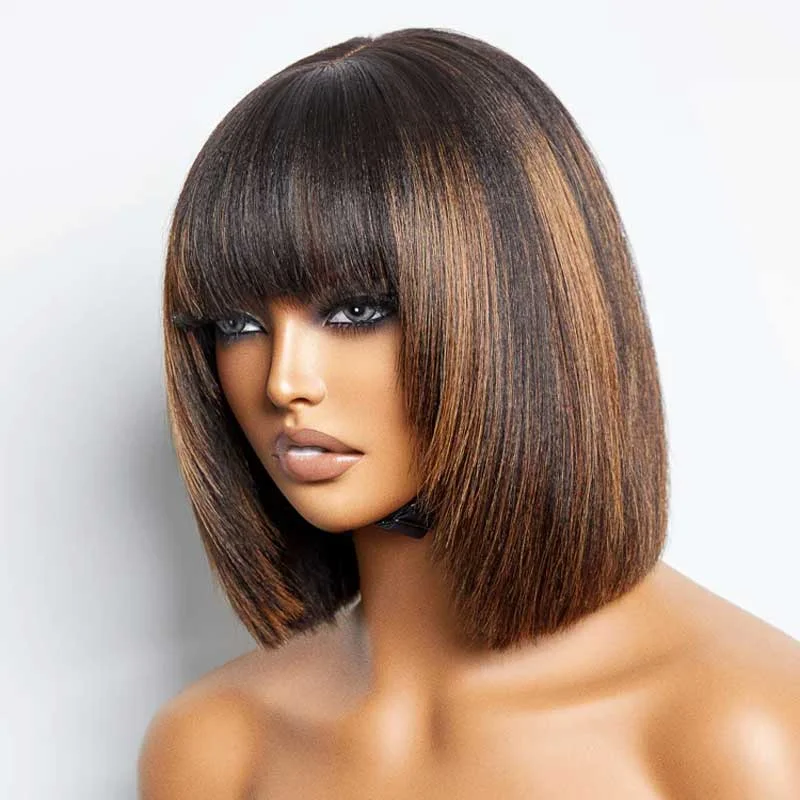 Wear&Go| Alibonnie 1B/30 Blonde Highlight Layered Cut 5x5 Bob Wig With Bangs Ombre Color Short Straight Glueless Bob Wigs