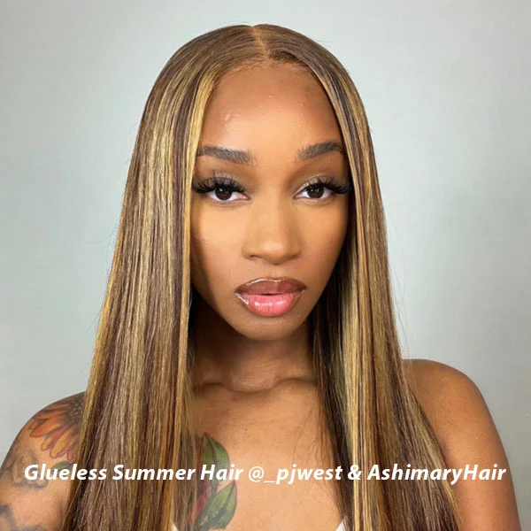 Blonde Highlight Put On & Go Silky Straight Glueless Beginner Friendly Ready to Wear Wig Pre Plucked Hairline & Bleached Knots