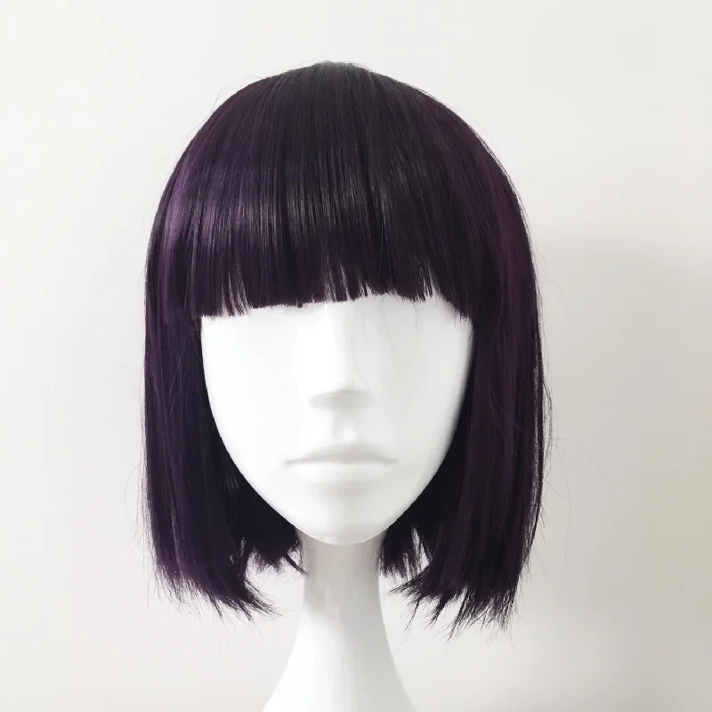 Women Dark Purple Short Straight Bob Blunt Bangs Wig