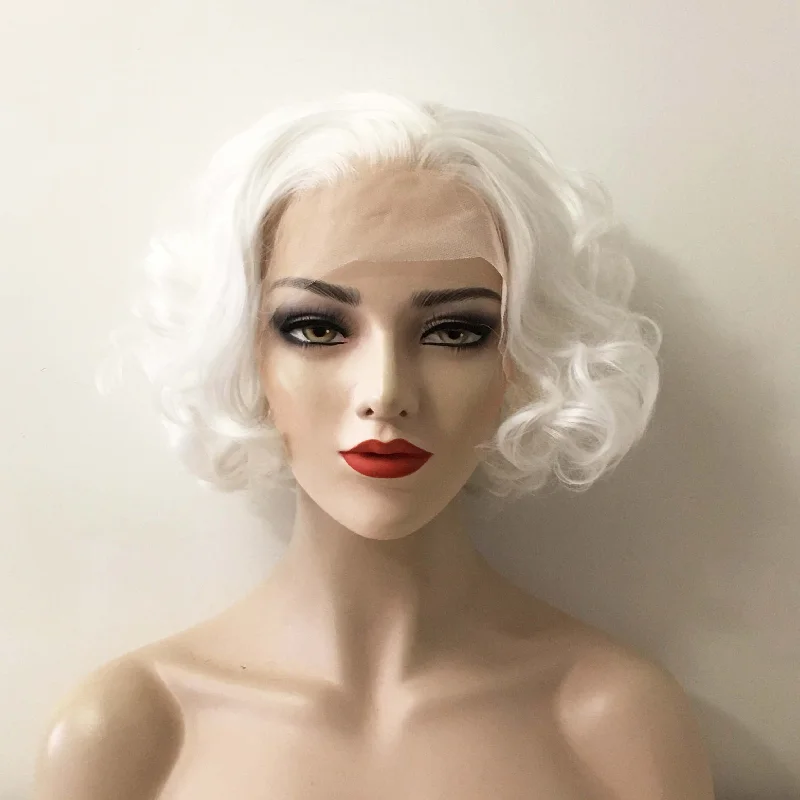 Women Snow White Lace Front Short Curly Vintage Style Slicked Back Wig